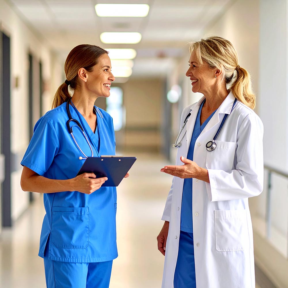 Zwei medizinische Fachkräfte stehen in einem Krankenhausflur, sprechen miteinander und wirken freundlich und konzentriert.