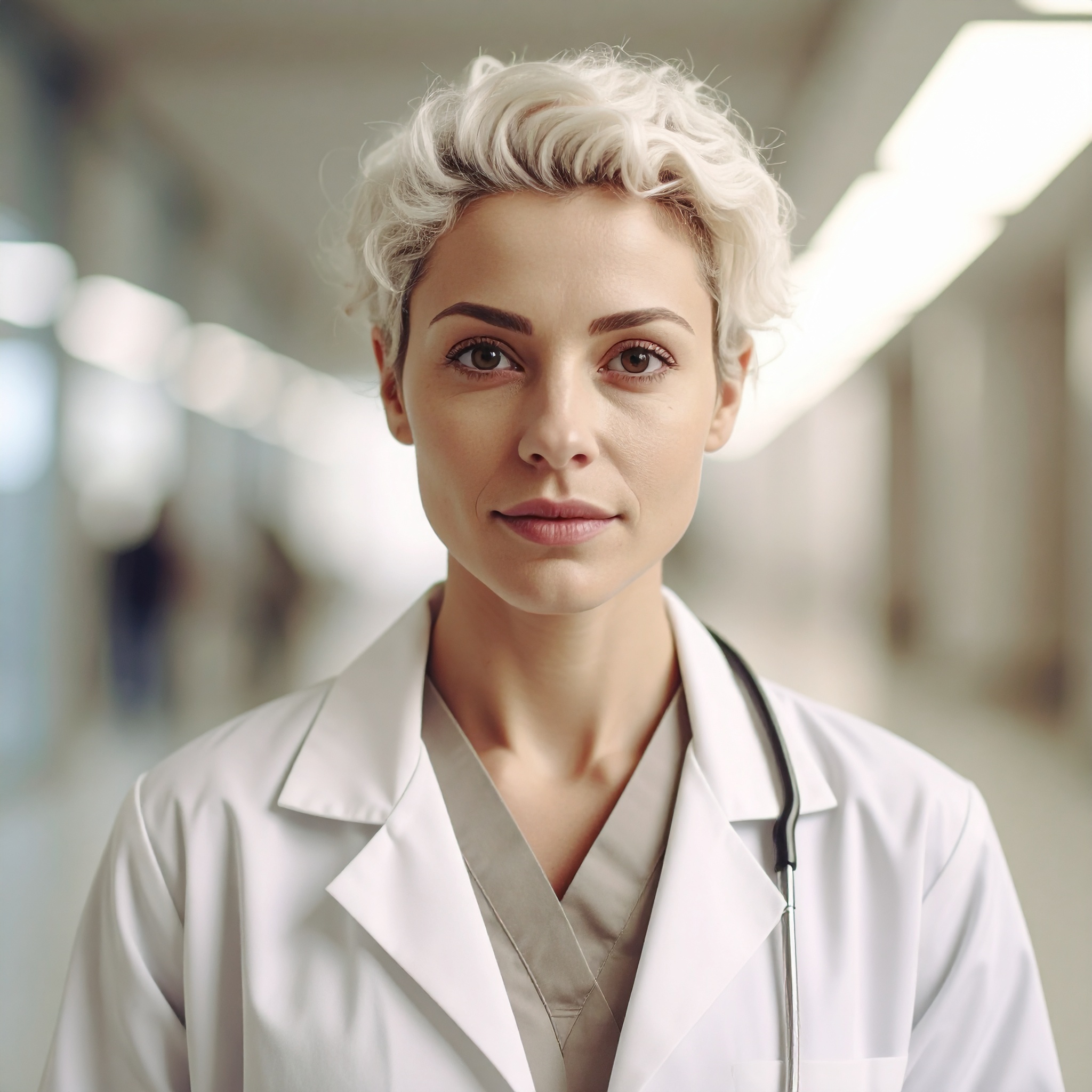 Eine Ärztin in weißem Kittel sieht selbstbewusst in die Kamera