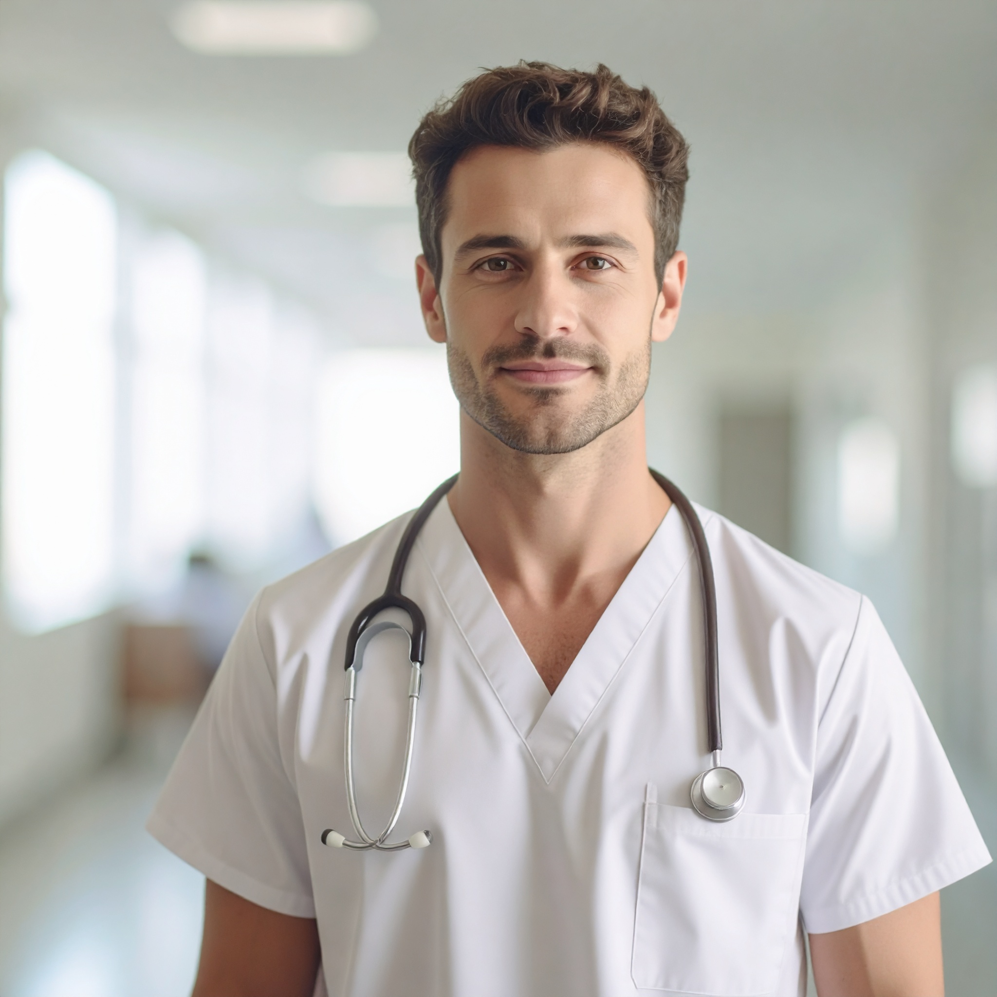 Ein freundlicher Pfleger in weißer Dienstkleidung mit Stethoskop lächelt in die Kamera