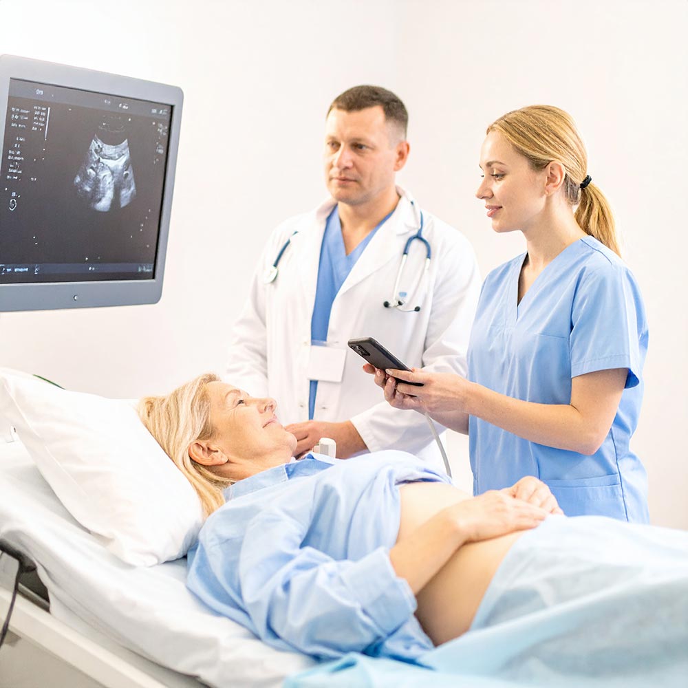 Arzt und medizinisches Fachpersonal bei einer Ultraschalluntersuchung am Patientenbett
